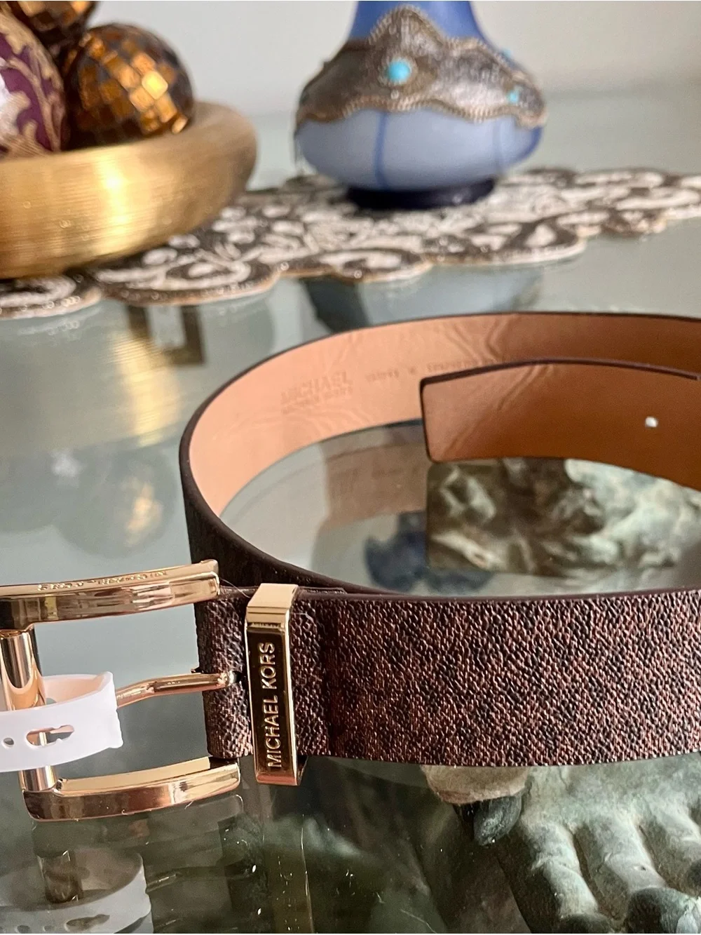 MICHAEL KORS Brown Logo Buckle Belt with Gold Hardware